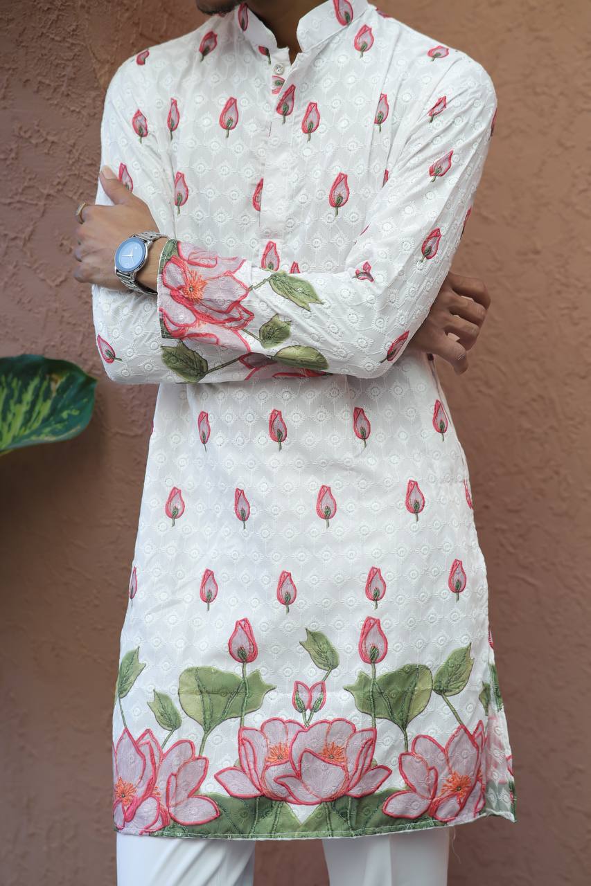 PINK LOTUS SCHIFFLI DAMAN PRINTRD KURTA WITH PAJAMA - Image 6