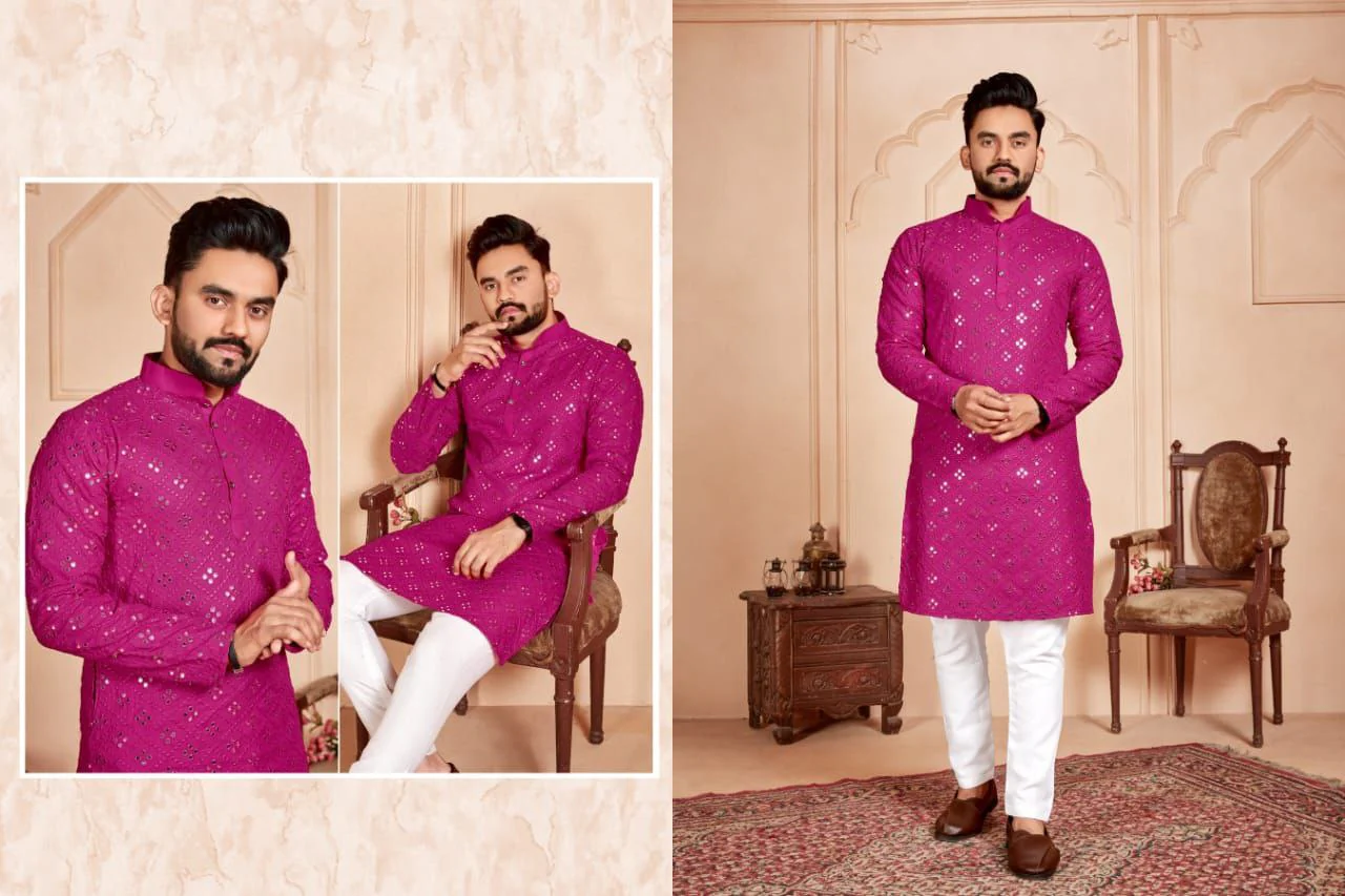 PINK MIRROR EMBROIDERY KURTA WITH PAJAMA - Image 3