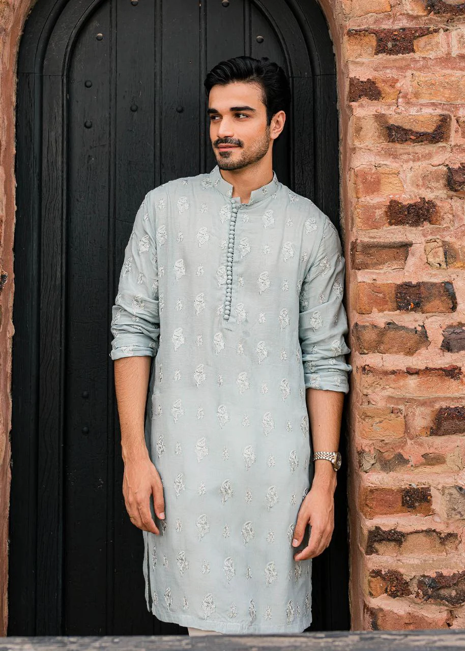 Powder Blue Embroidered Work Men's Kurta with Pajama - Image 3