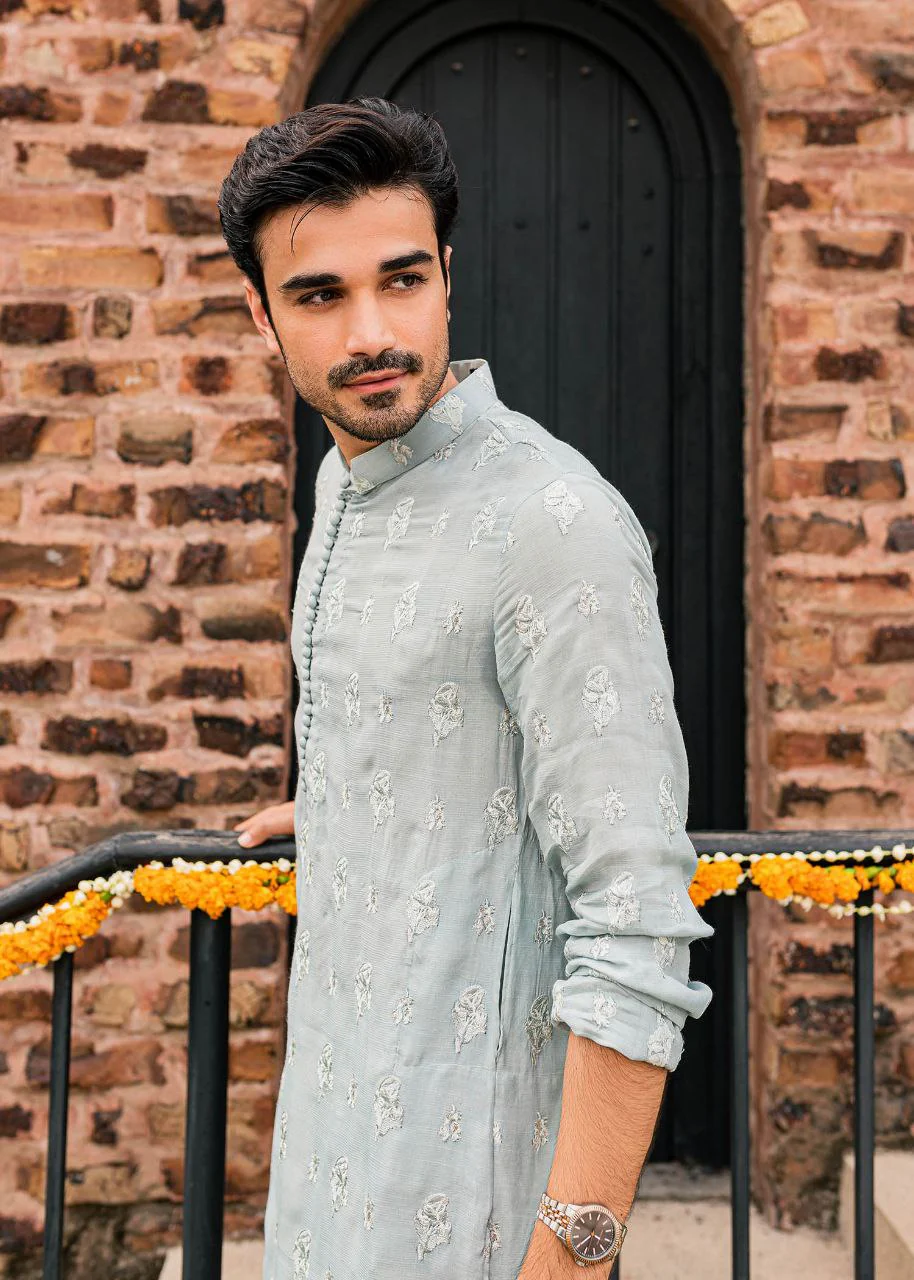 Powder Blue Embroidered Work Men's Kurta with Pajama - Image 4