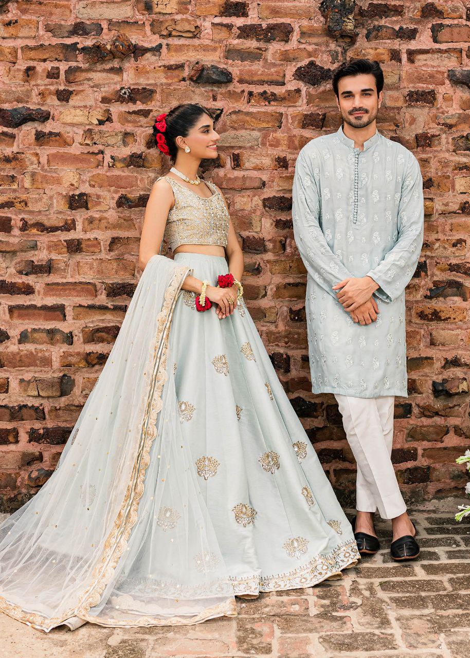 Powder Blue Embroidered Work Men's Kurta with Pajama - Image 5