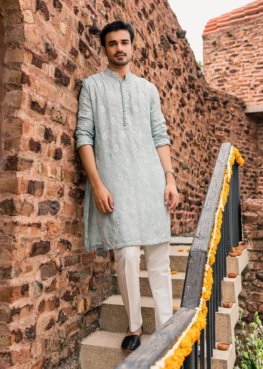 Powder Blue Embroidered Work Men's Kurta with Pajama - Image 6