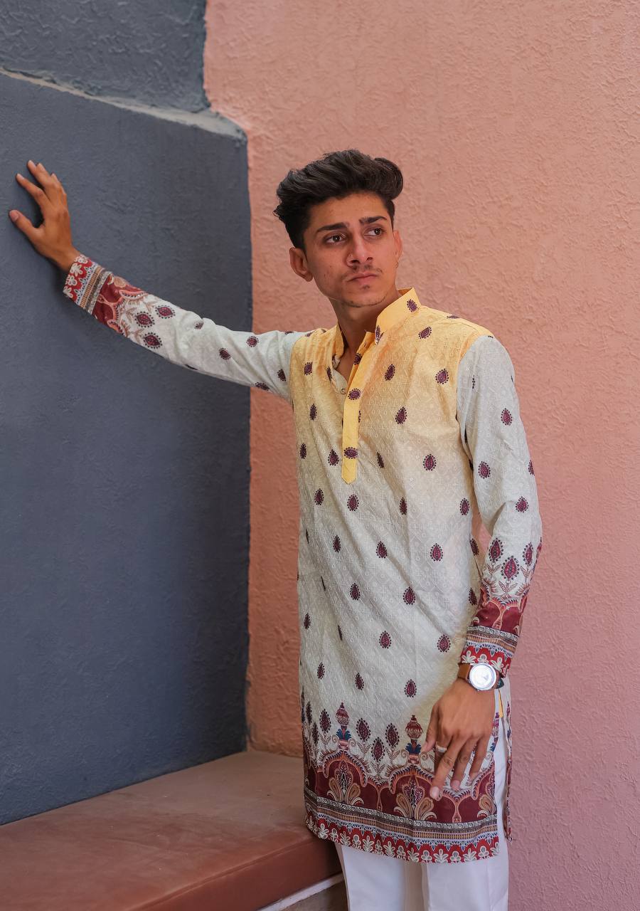 SHADED YELLOW SCHIFFLI DAMAN MOTIF PRINTRD KURTA WITH PAJAMA - Image 3