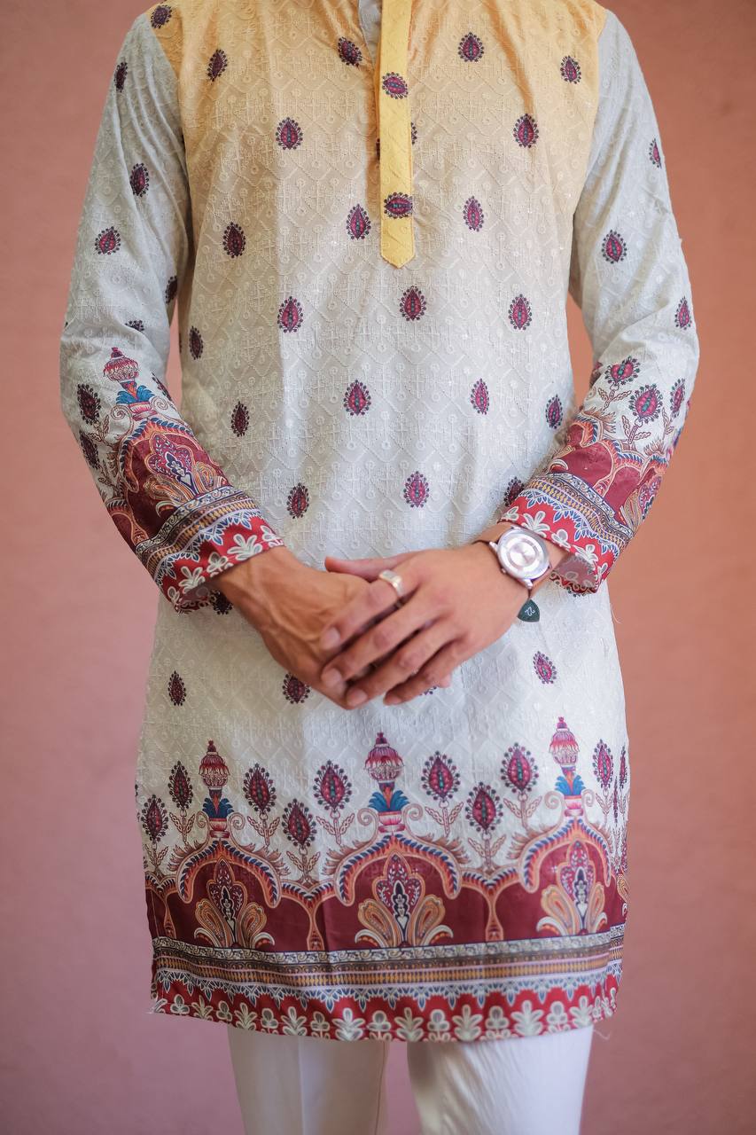 SHADED YELLOW SCHIFFLI DAMAN MOTIF PRINTRD KURTA WITH PAJAMA - Image 4
