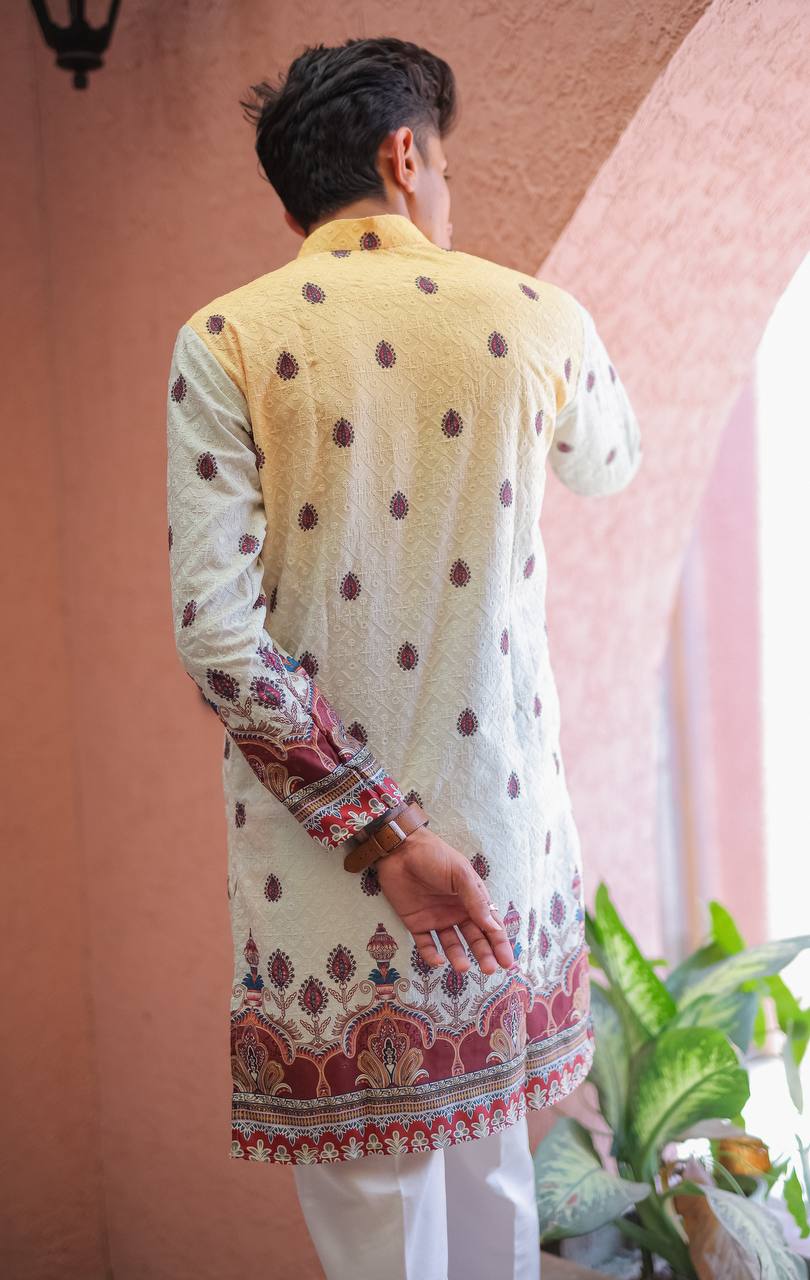 SHADED YELLOW SCHIFFLI DAMAN MOTIF PRINTRD KURTA WITH PAJAMA - Image 5