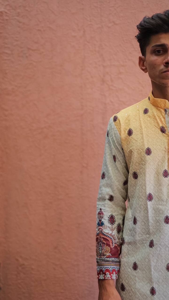 SHADED YELLOW SCHIFFLI DAMAN MOTIF PRINTRD KURTA WITH PAJAMA - Image 6