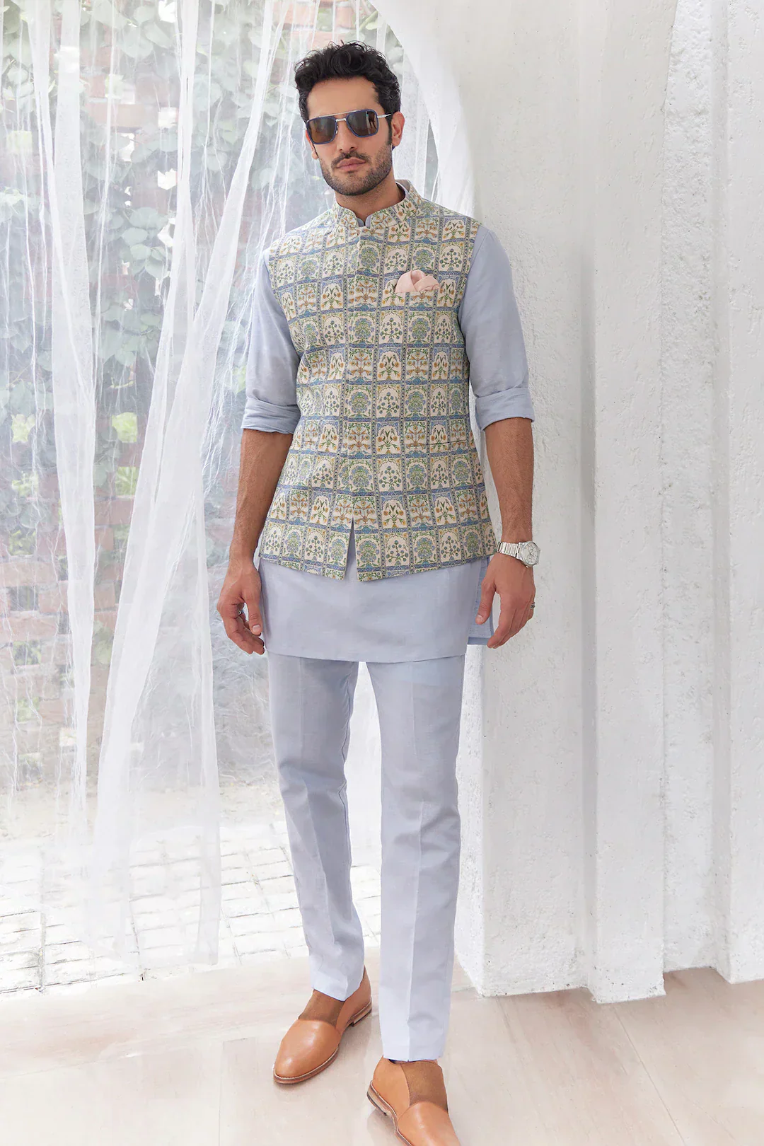 Riwaaz Kurta's Sky Blue Floral Printed Jacket And Kurta Set For Men's - Image 3