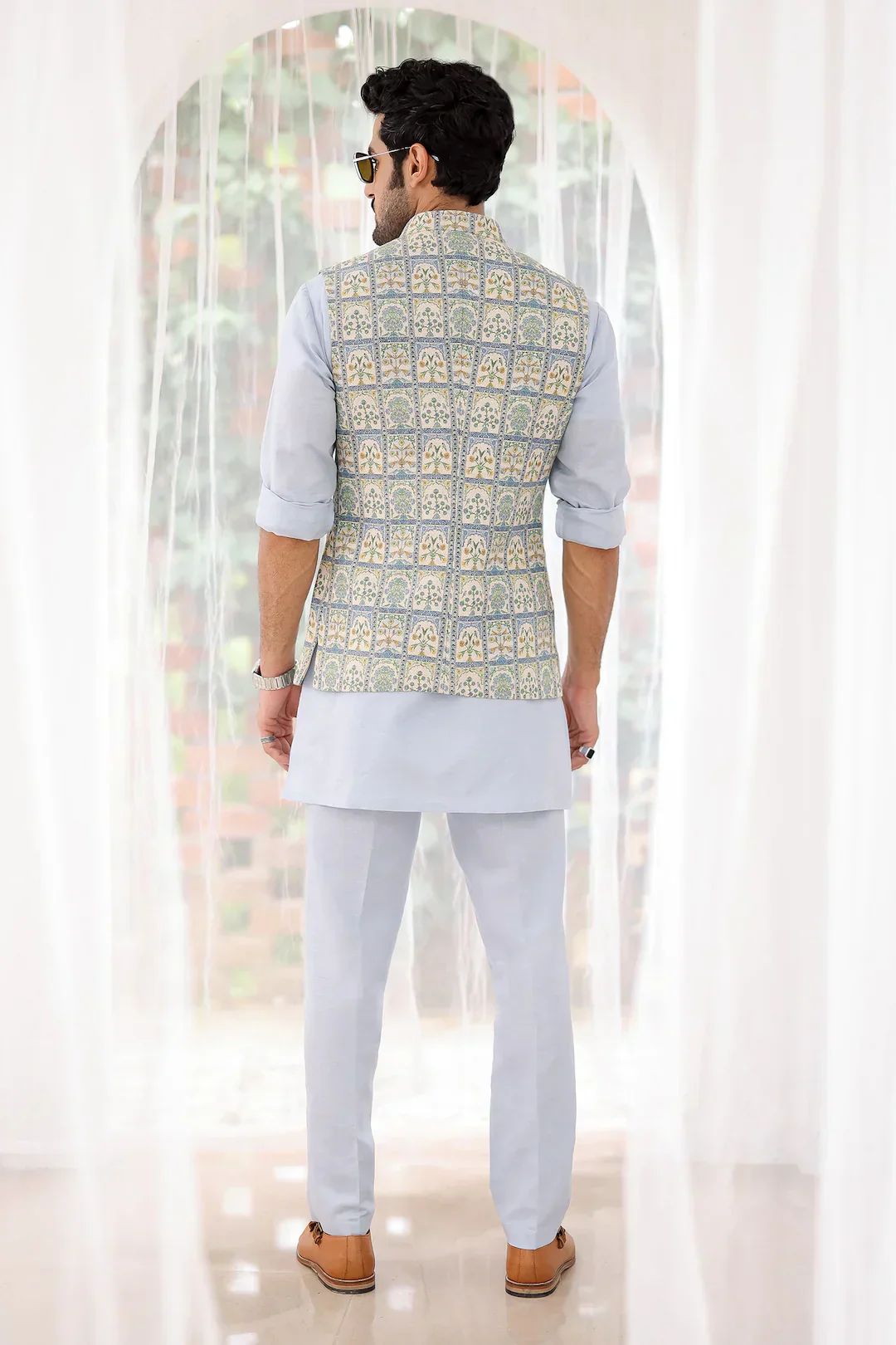 Riwaaz Kurta's Sky Blue Floral Printed Jacket And Kurta Set For Men's - Image 4