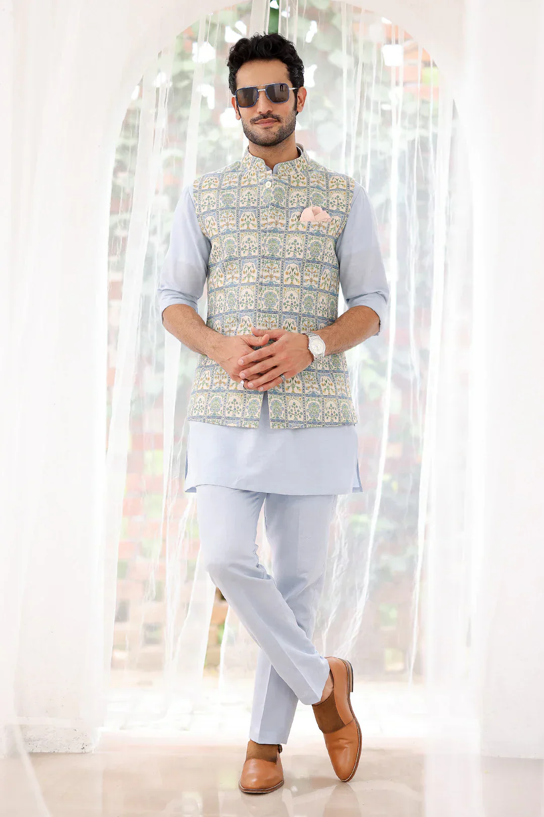 Riwaaz Kurta's Sky Blue Floral Printed Jacket And Kurta Set For Men's - Image 5