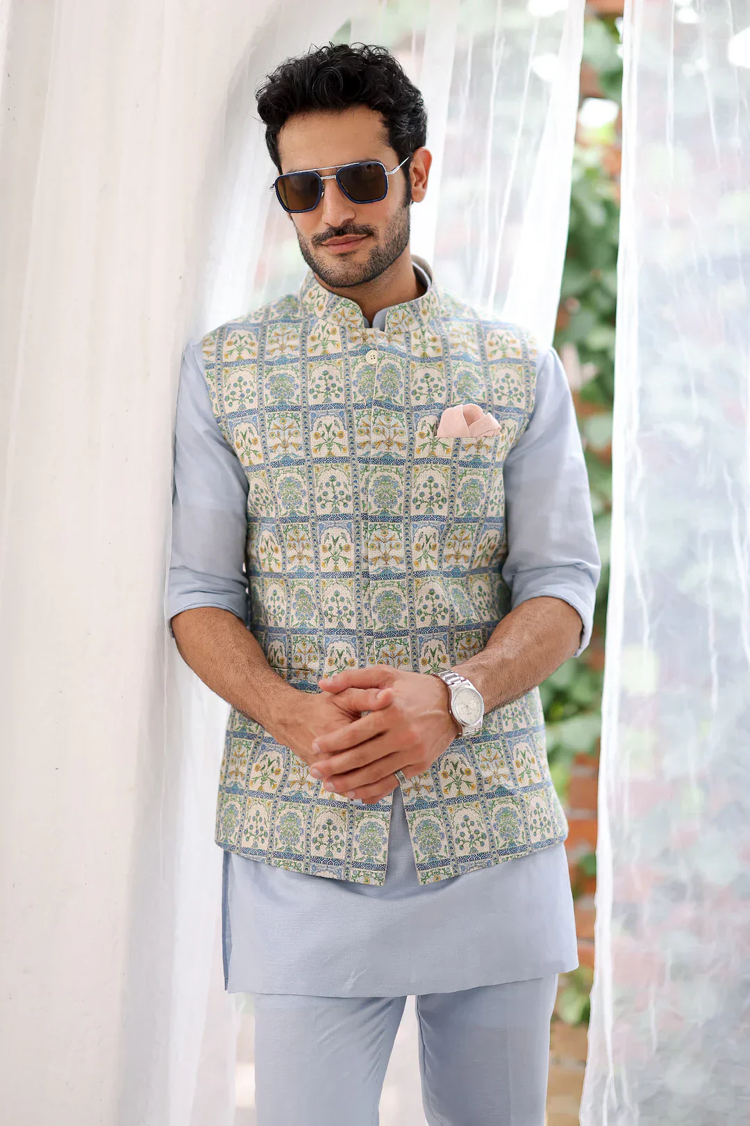 Riwaaz Kurta's Sky Blue Floral Printed Jacket And Kurta Set For Men's - Image 6