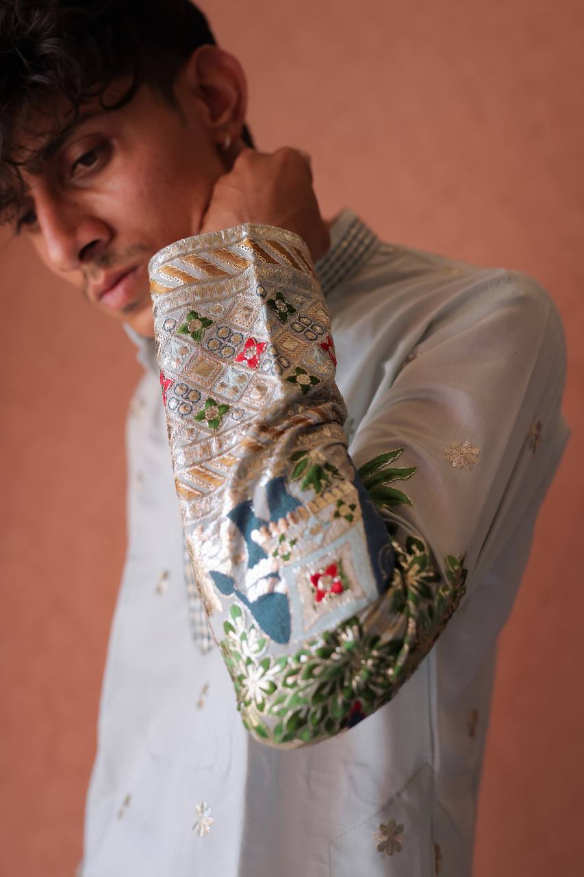 SKY BLUE HEAVY ELEPHANT EMBROIDERED KURTA WITH PAJAMA - Image 4