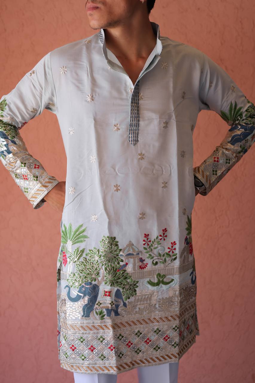 SKY BLUE HEAVY ELEPHANT EMBROIDERED KURTA WITH PAJAMA - Image 6