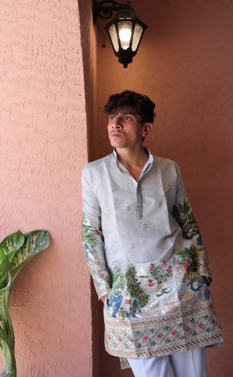 SKY BLUE HEAVY ELEPHANT EMBROIDERED KURTA WITH PAJAMA - Image 7