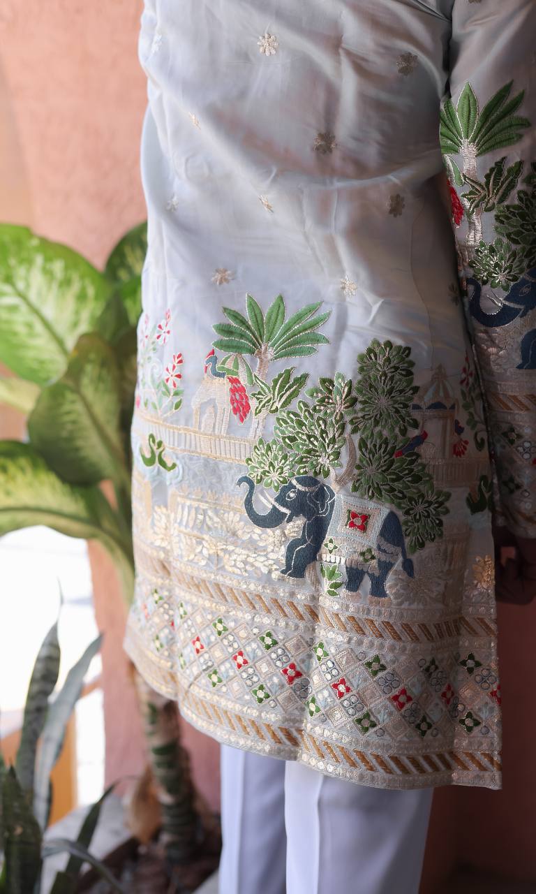 SKY BLUE HEAVY ELEPHANT EMBROIDERED KURTA WITH PAJAMA - Image 8