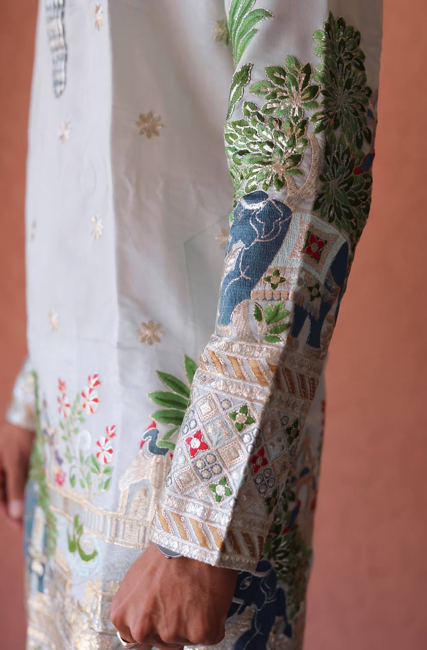 SKY BLUE HEAVY ELEPHANT EMBROIDERED KURTA WITH PAJAMA - Image 9