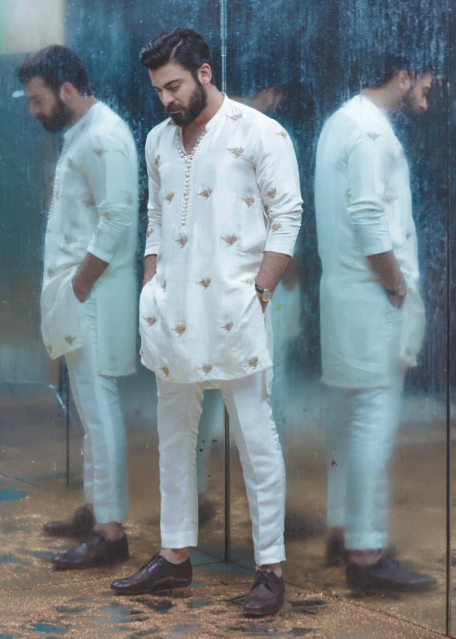 Stylish White Embroidered Work Men's Kurta with Pajama - Image 3