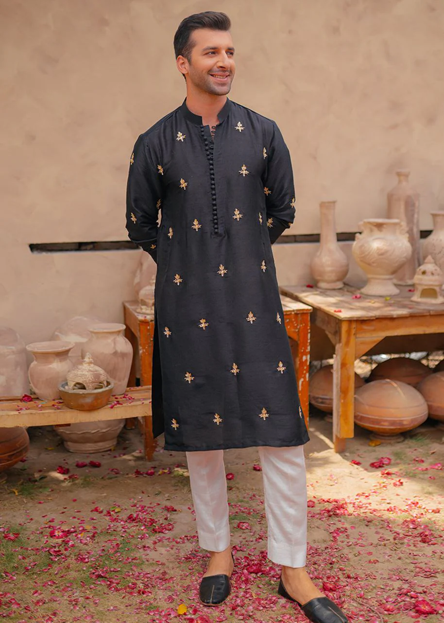 Traditional Black Embroidered Work Men's Kurta with Pajama - Image 2
