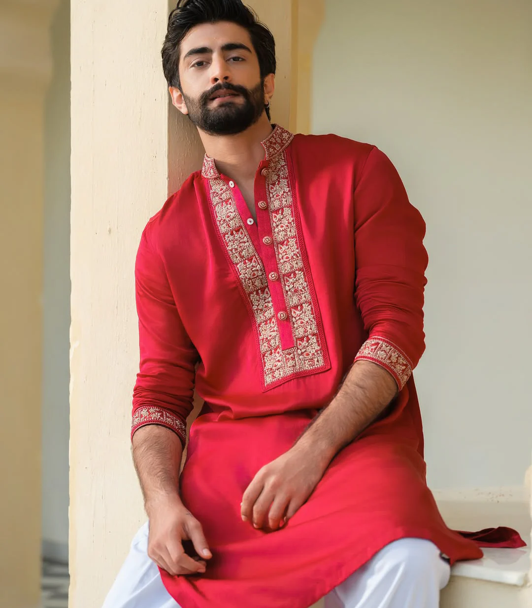 TRENDY RED NECK EMBROIDERY KURTA PAJAMA SET