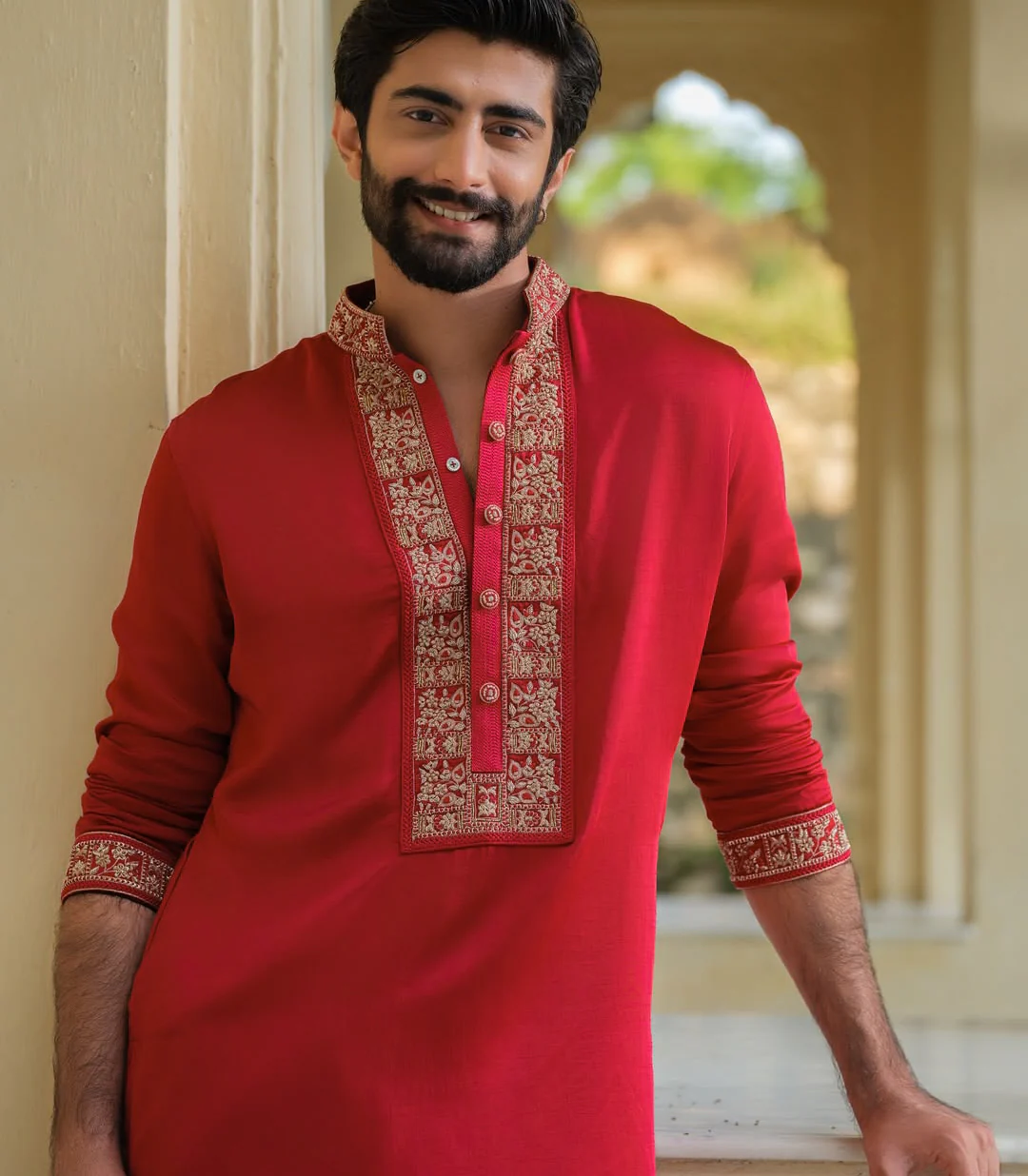 TRENDY RED NECK EMBROIDERY KURTA PAJAMA SET - Image 2