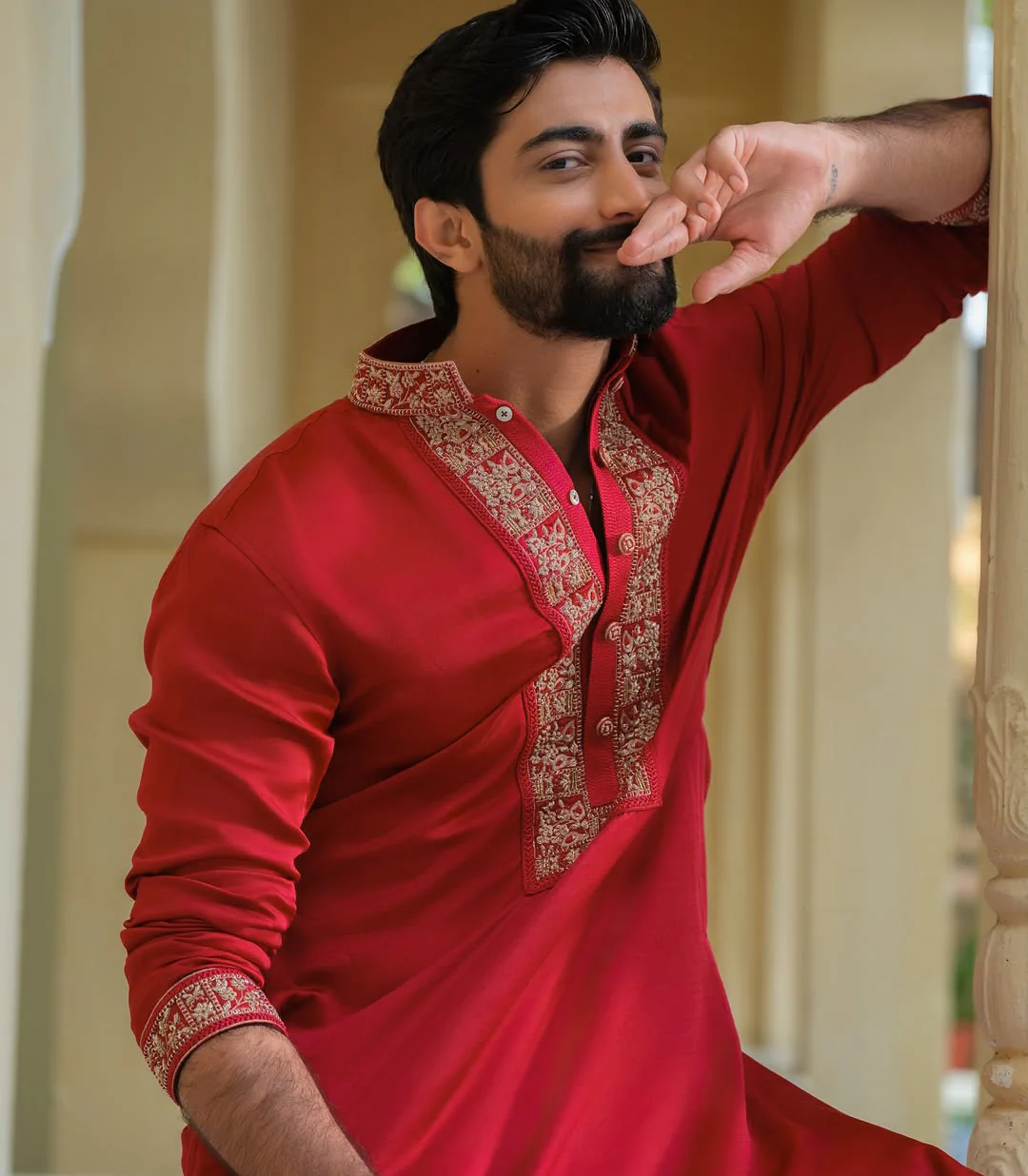 TRENDY RED NECK EMBROIDERY KURTA PAJAMA SET - Image 3