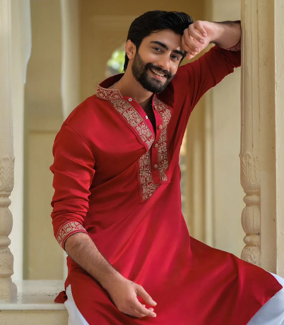 TRENDY RED NECK EMBROIDERY KURTA PAJAMA SET - Image 4