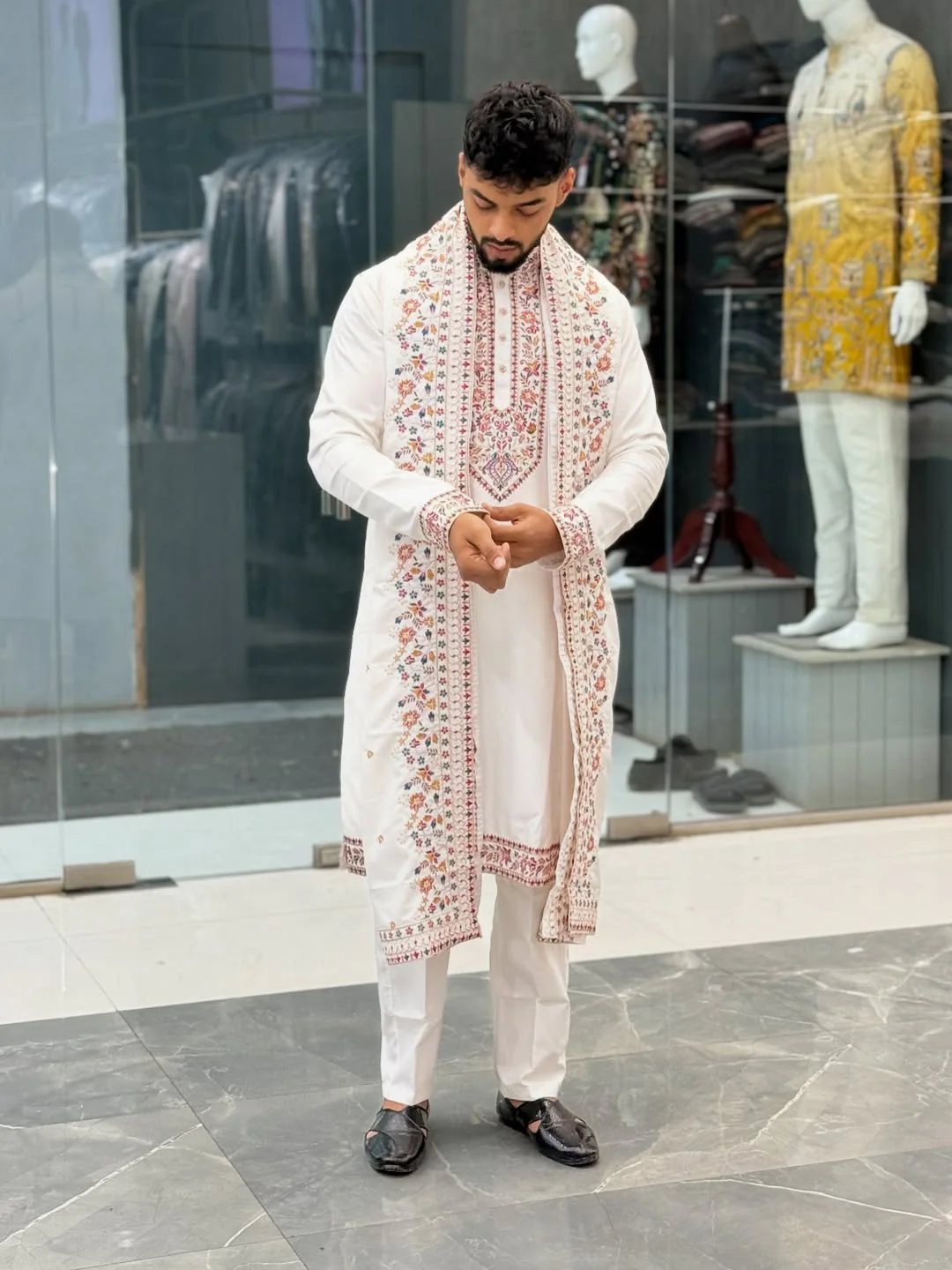 OFF WHITE MULTI COLOR EMBROIDERED WORK KURTA AND PAJAMA - Image 2