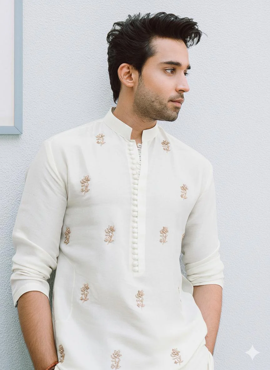 WHITE BUTI EMBROIDERED WORK KURTA PAJAMA SET FOR MEN"S - Image 2