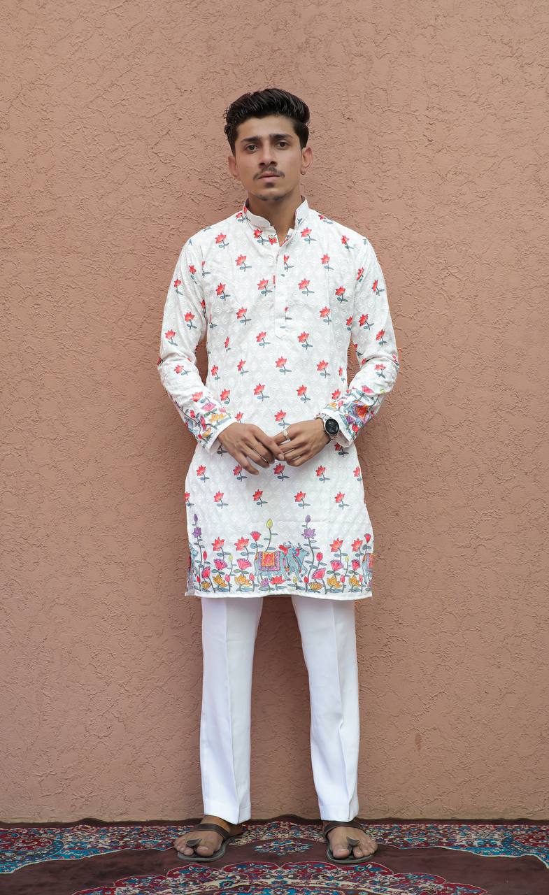 WHITE COW WITH LOTUS SCHIFFLI DAMAN PRINTRD KURTA WITH PAJAMA SET - Image 3