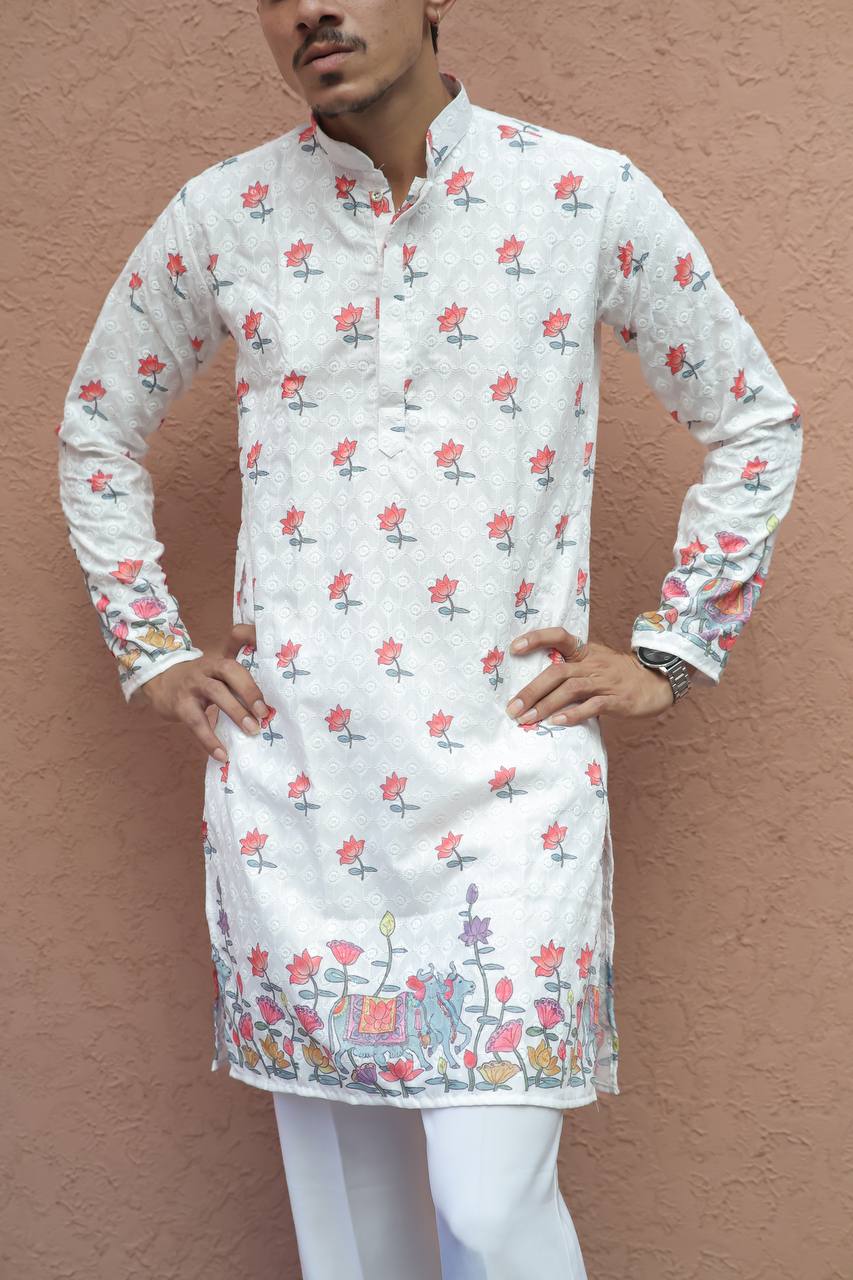 WHITE COW WITH LOTUS SCHIFFLI DAMAN PRINTRD KURTA WITH PAJAMA SET - Image 4