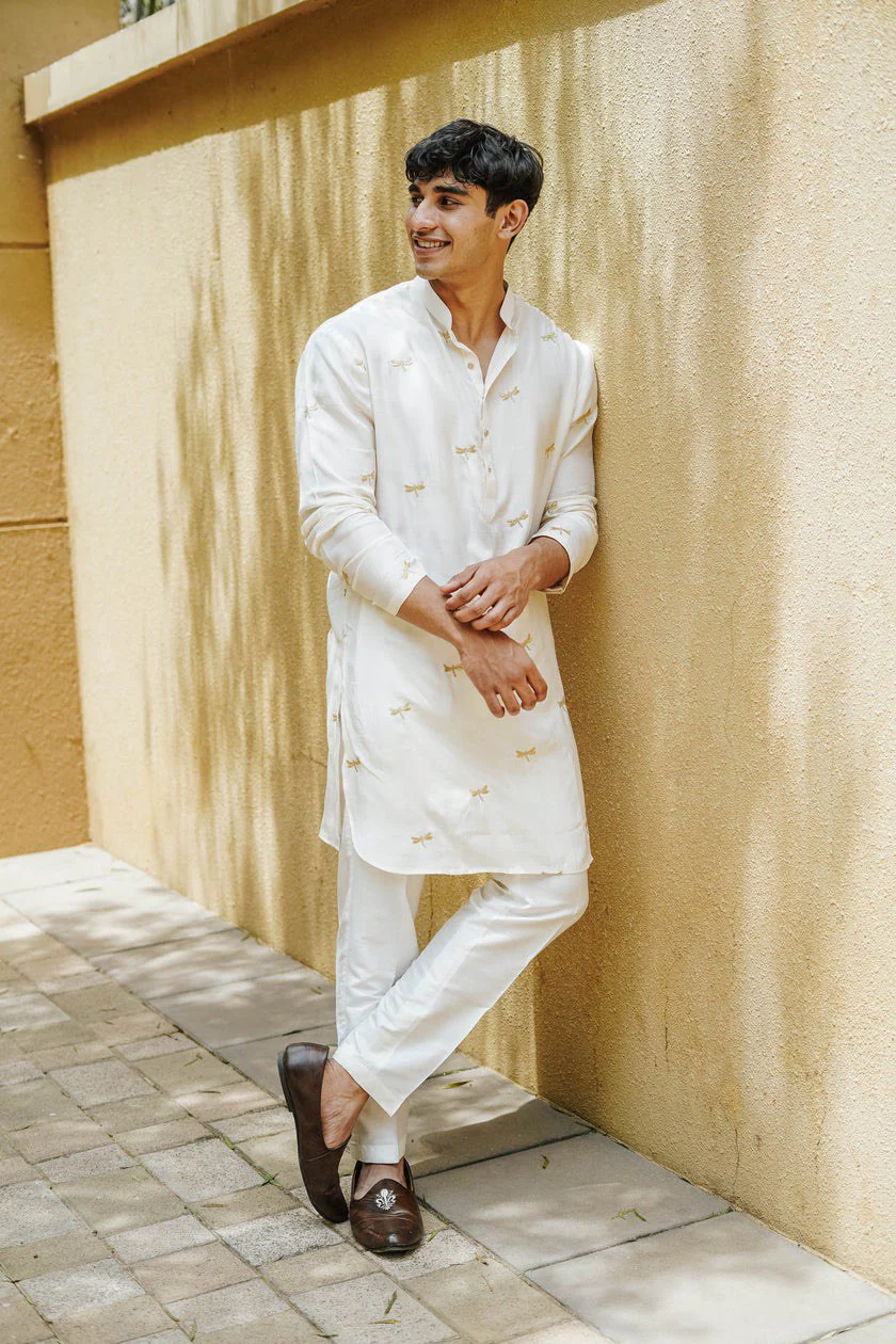 White Dragon Fly Embroidered Work Men's Kurta with Pajama - Image 2