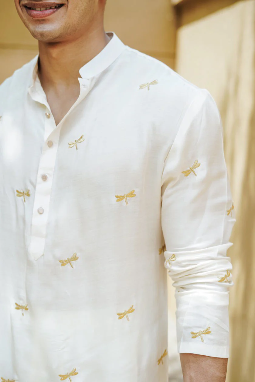 White Dragon Fly Embroidered Work Men's Kurta with Pajama - Image 3