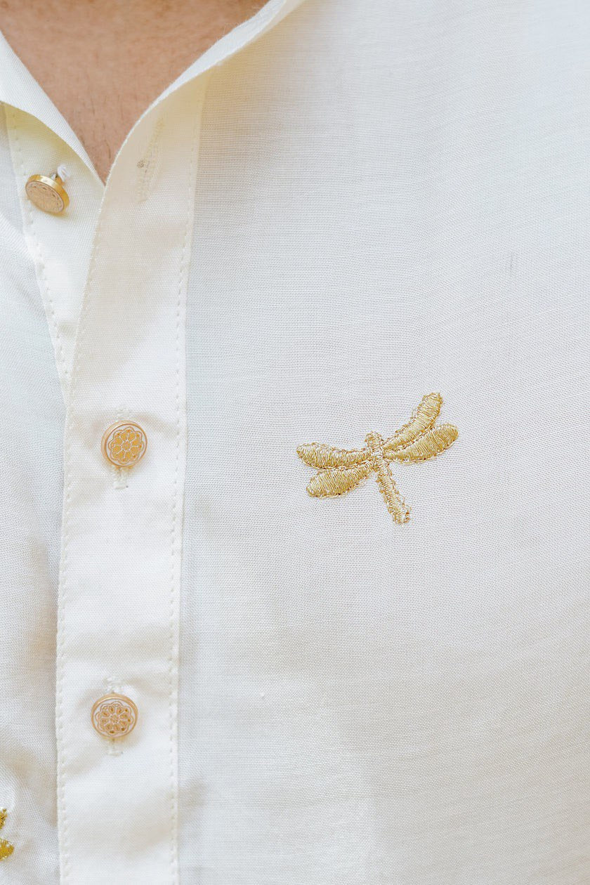 White Dragon Fly Embroidered Work Men's Kurta with Pajama - Image 4