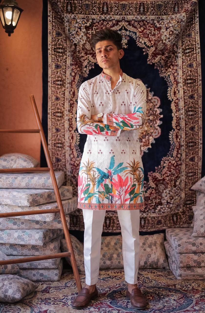 WHITE SCHIFFLI LEAF PRINTRD KURTA WITH PAJAMA - Image 3