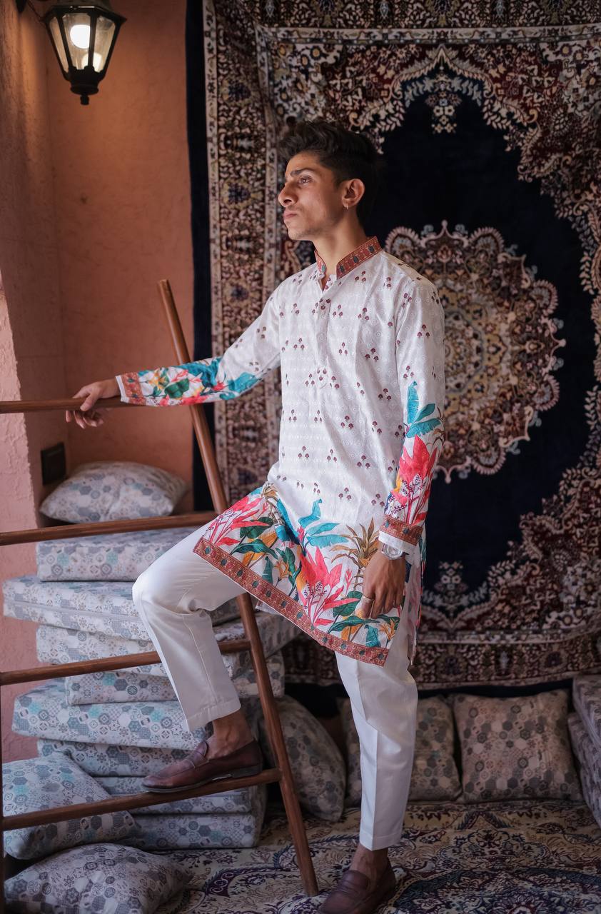 WHITE SCHIFFLI LEAF PRINTRD KURTA WITH PAJAMA - Image 4
