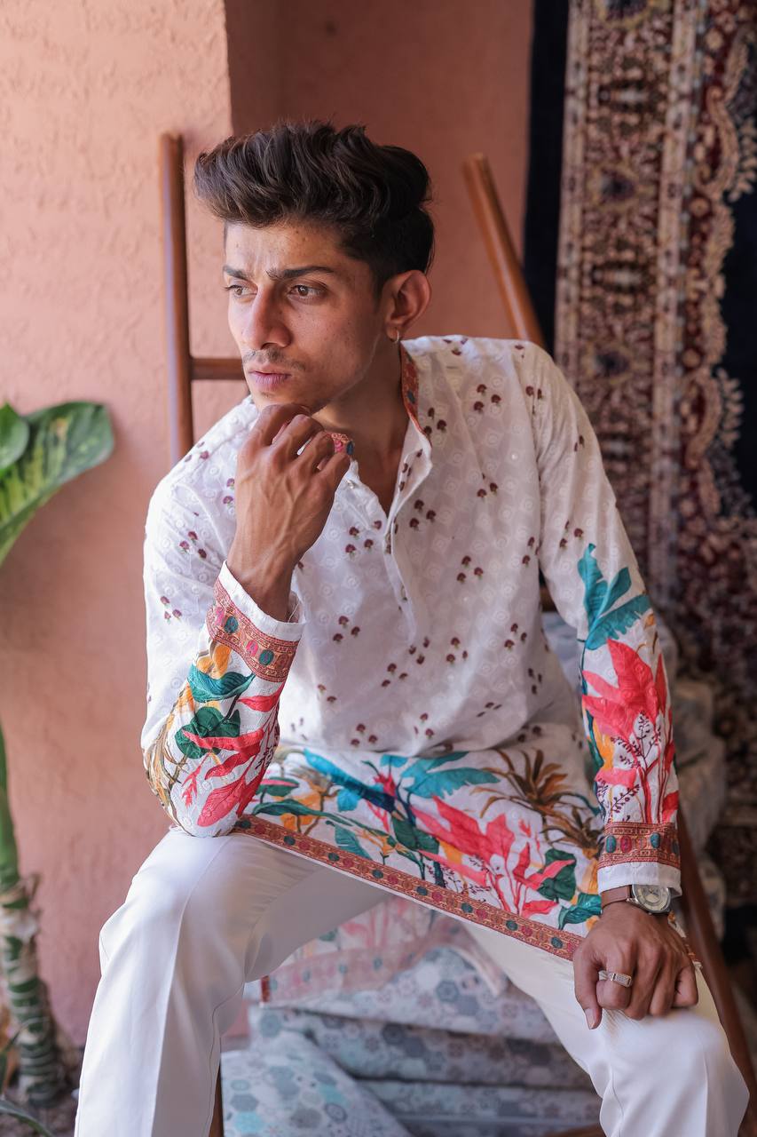 WHITE SCHIFFLI LEAF PRINTRD KURTA WITH PAJAMA - Image 6