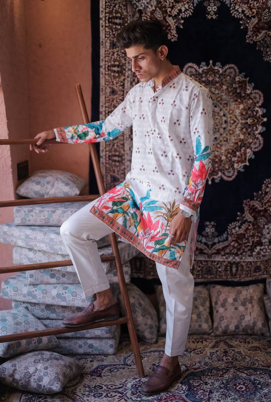 WHITE SCHIFFLI LEAF PRINTRD KURTA WITH PAJAMA - Image 8