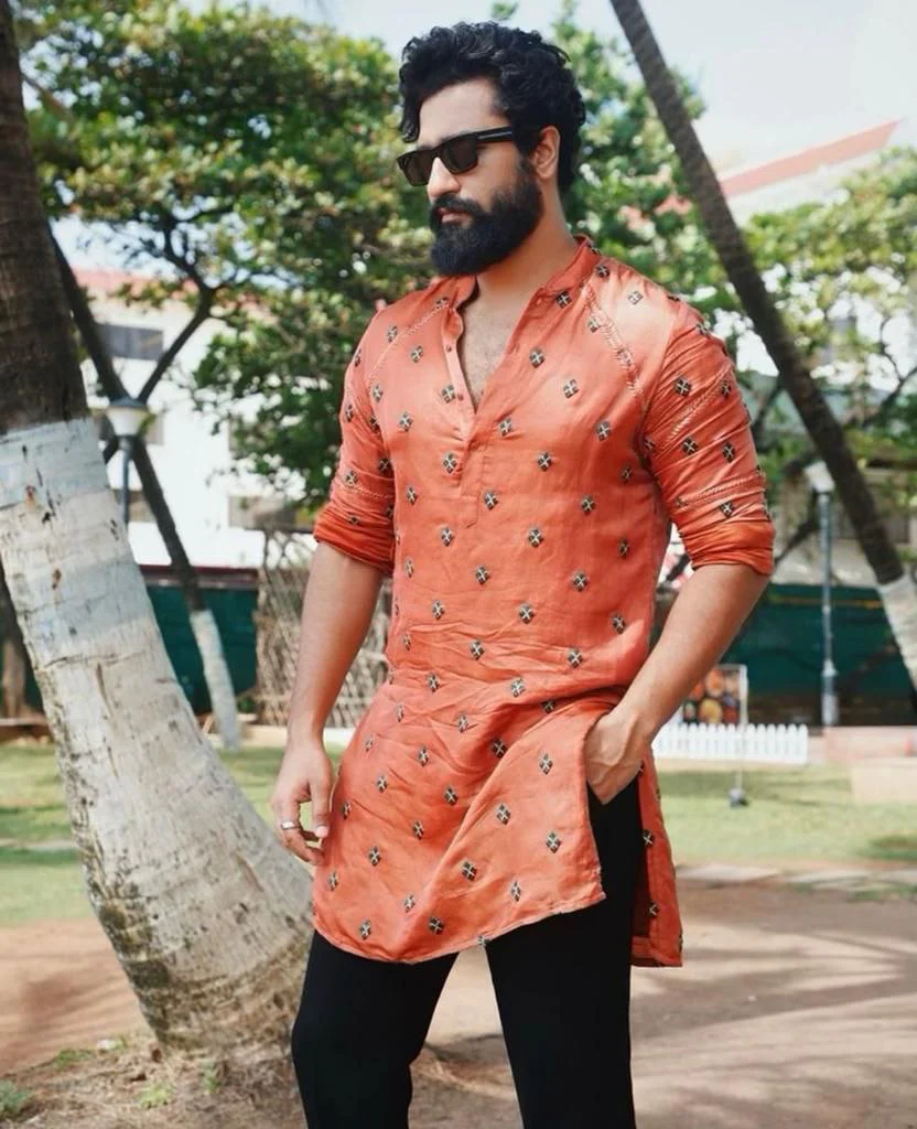 WK Orange Embroidered Work Men's Kurta with Black Pajama - Image 2