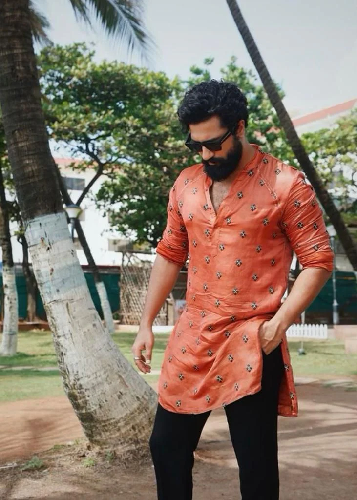 WK Orange Embroidered Work Men's Kurta with Black Pajama - Image 3