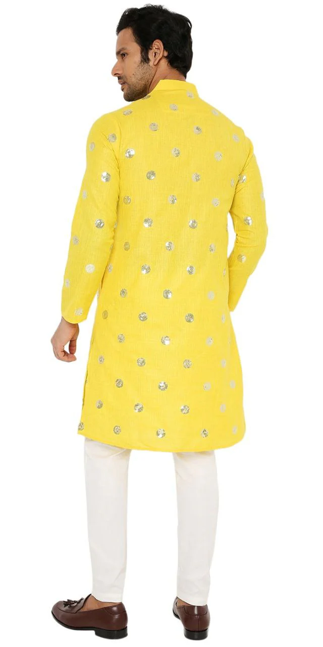 Yellow Sequence Embroidered Work Men's Kurta with Pajama - Image 10