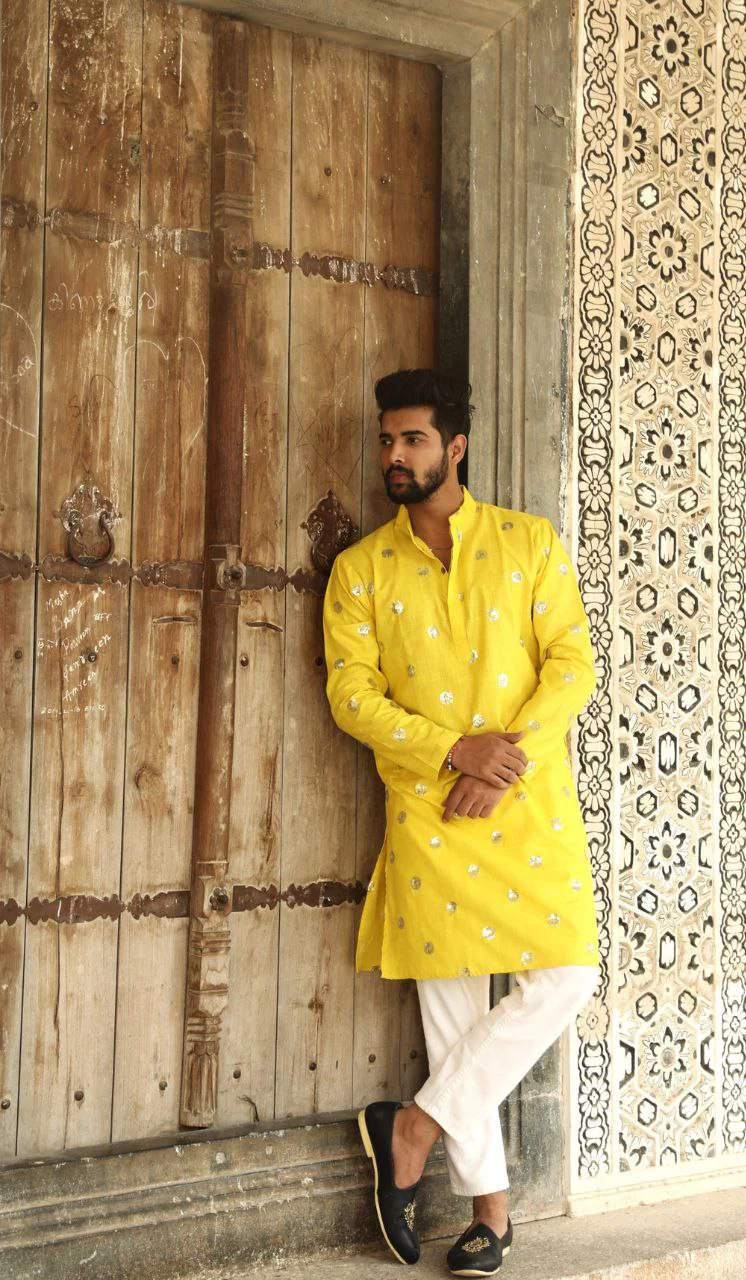 Yellow Sequence Embroidered Work Men's Kurta with Pajama - Image 2
