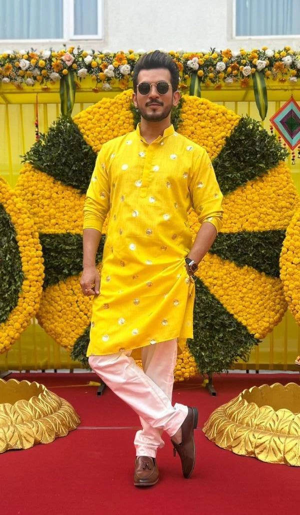 Yellow Sequence Embroidered Work Men's Kurta with Pajama - Image 3