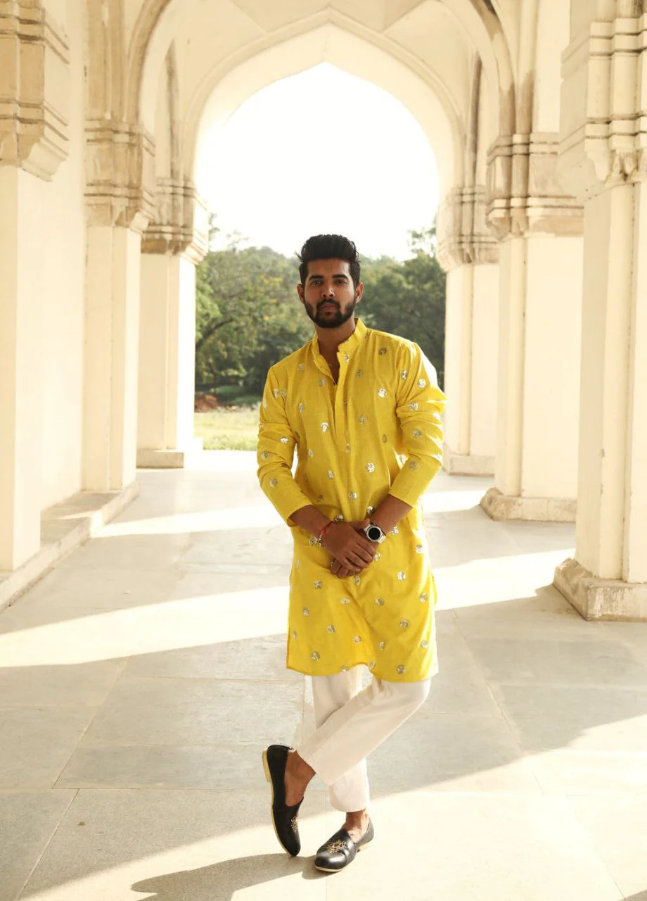 Yellow Sequence Embroidered Work Men's Kurta with Pajama - Image 7