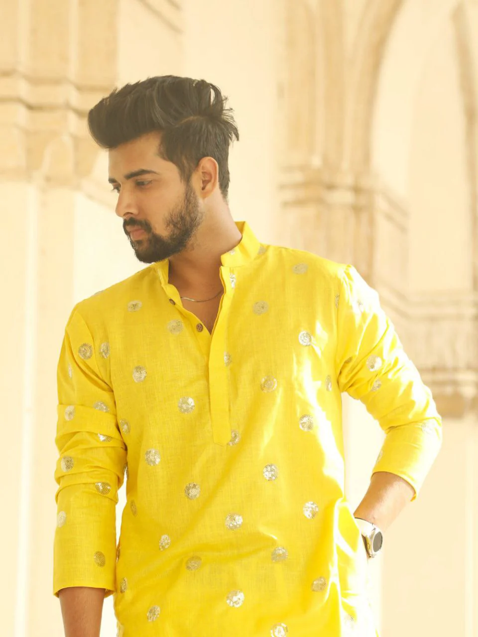 Yellow Sequence Embroidered Work Men's Kurta with Pajama - Image 8