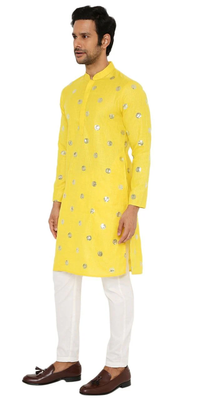 Yellow Sequence Embroidered Work Men's Kurta with Pajama - Image 9